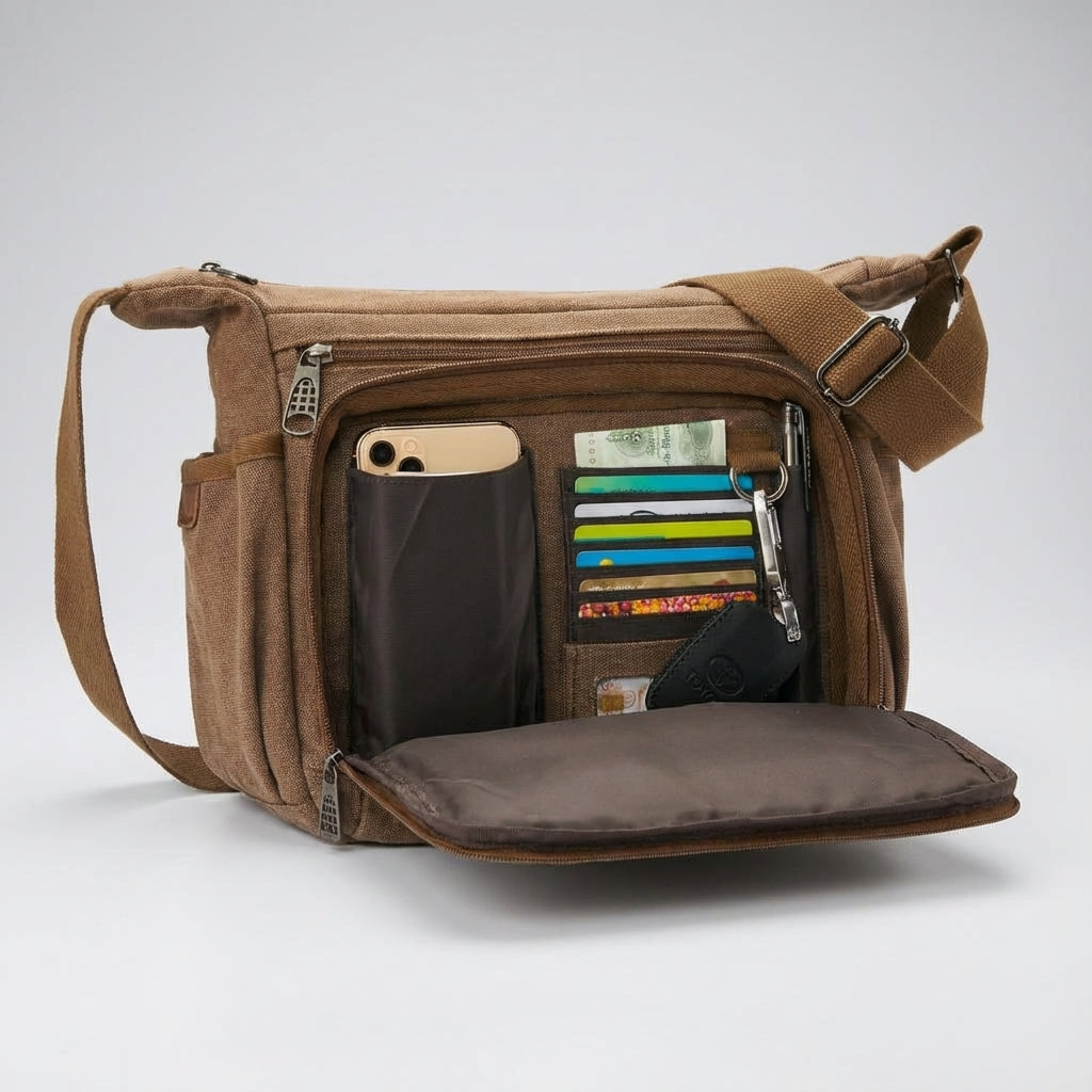 Compacte canvas schoudertas met RFID-bescherming, ideaal als unisex werktas of reistas.