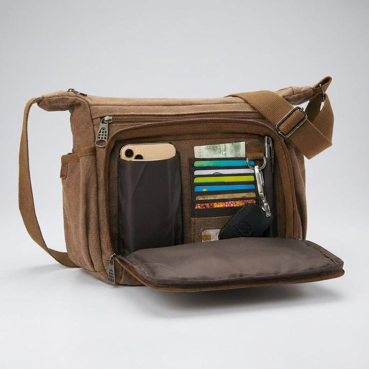 Compacte canvas schoudertas met RFID-bescherming, ideaal als unisex werktas of reistas.