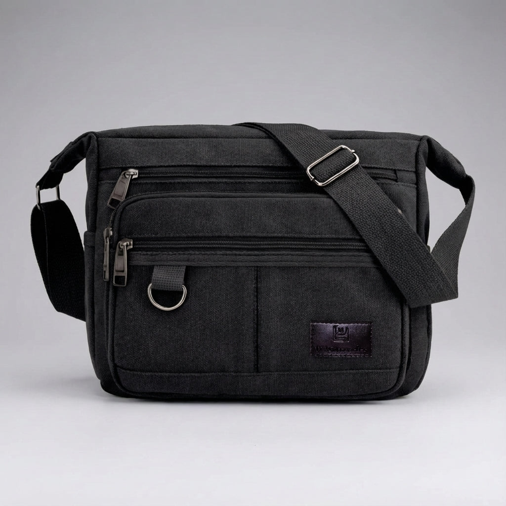 Duurzame canvas laptoptas in messenger stijl, ontworpen voor comfort en veilige organisatie.