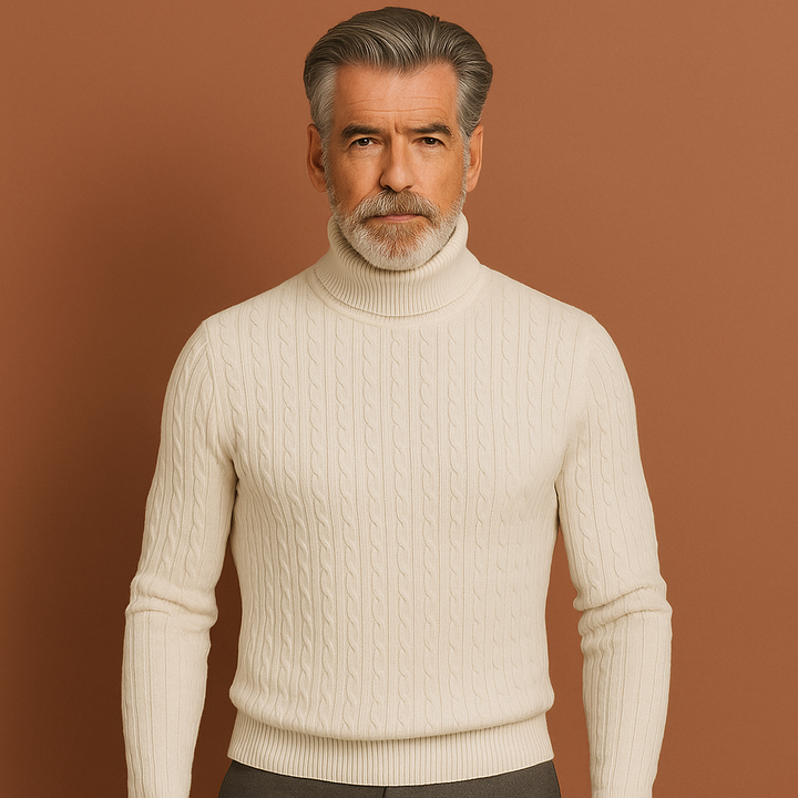 Comfortabele heren coltrui met ribgebreide structuur, perfect voor warme winterdagen. Een veelzijdige, tijdloze heren trui.