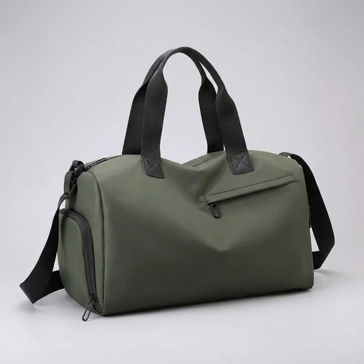 Detail van de waterdichte Roamify duffelbag, perfect voor het veilig opbergen van bagage.
