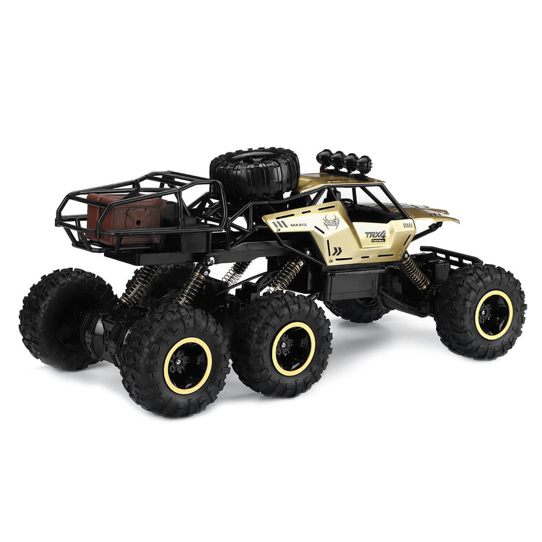 De snelle 6-wiel RC monster truck accelereert off-road, een spannend radiografisch voertuig voor iedereen.