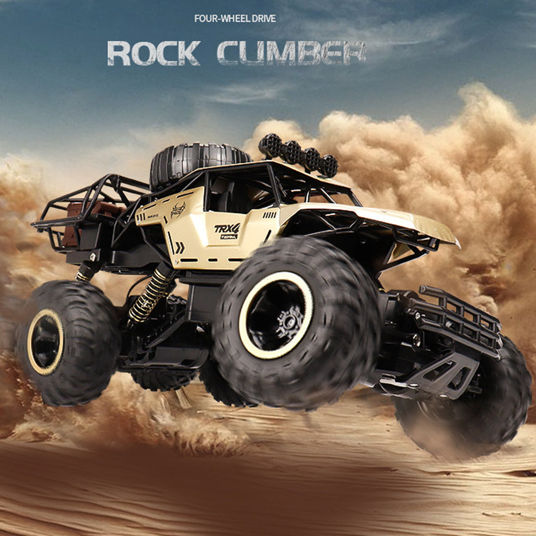 Achterkant van de 6-wiel RC monster truck met zichtbare schokdempers voor off-road prestaties.