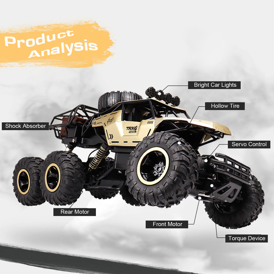 Detail van de grote off-road banden op de 6-wiel RC monster truck, klaar voor elk terrein.