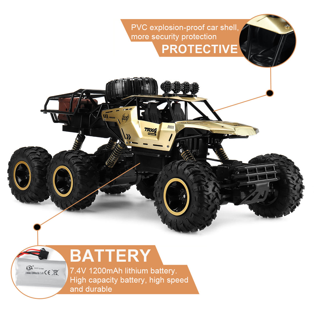 Duurzame schokdempers van de 6-wiel RC monster truck, essentieel voor ruig off-road speelgoed.