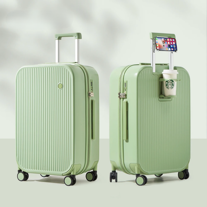Stevige Lyon reiskoffer voor citytrip of vakantie, voorzien van bekerhouder en soepele wielen.