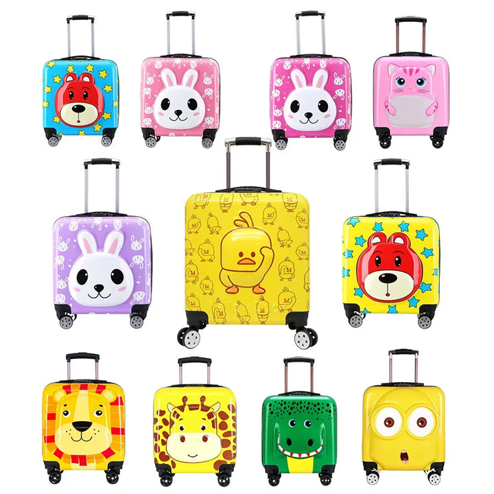 Robuuste kinderkoffer met vrolijke dierenprint, perfect als handbagage trolley voor avontuurlijke reizen.
