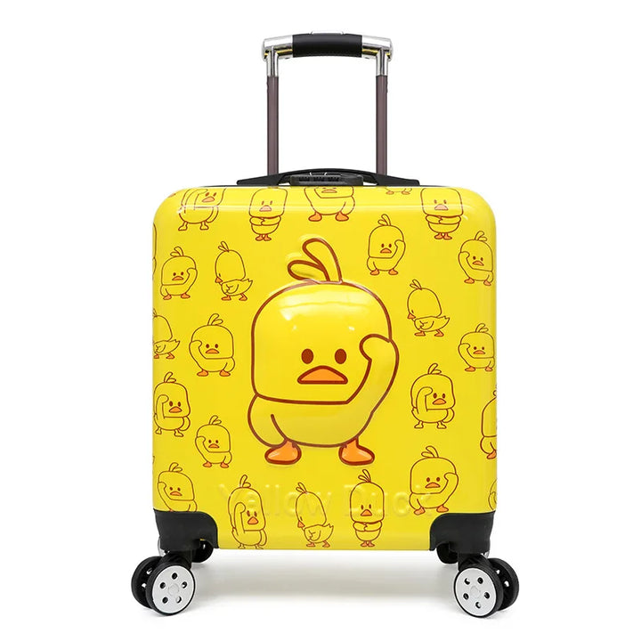 Blauwe kindertrolley met uitschuifbaar handvat en schattige dierenprint, ideaal als reiskoffer voor kinderen.