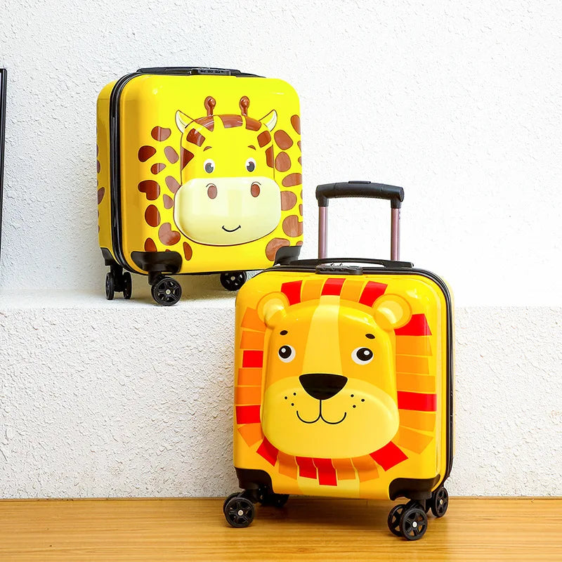 Compacte kinderkoffer met dierenprint, perfecte maat voor kleine reizigers en als handbagage trolley.