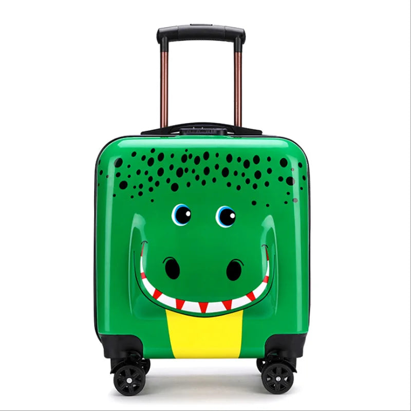 Achterkant van de duurzame kindertrolley met harde schaal en vrolijke dierenprint, klaar voor vakantie.