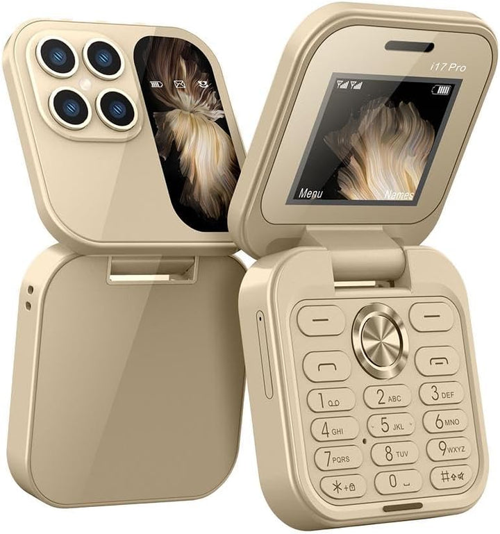 Stijlvolle blauwe FlipLite opvouwbare telefoon, gesloten en compact voor broekzak of tas.