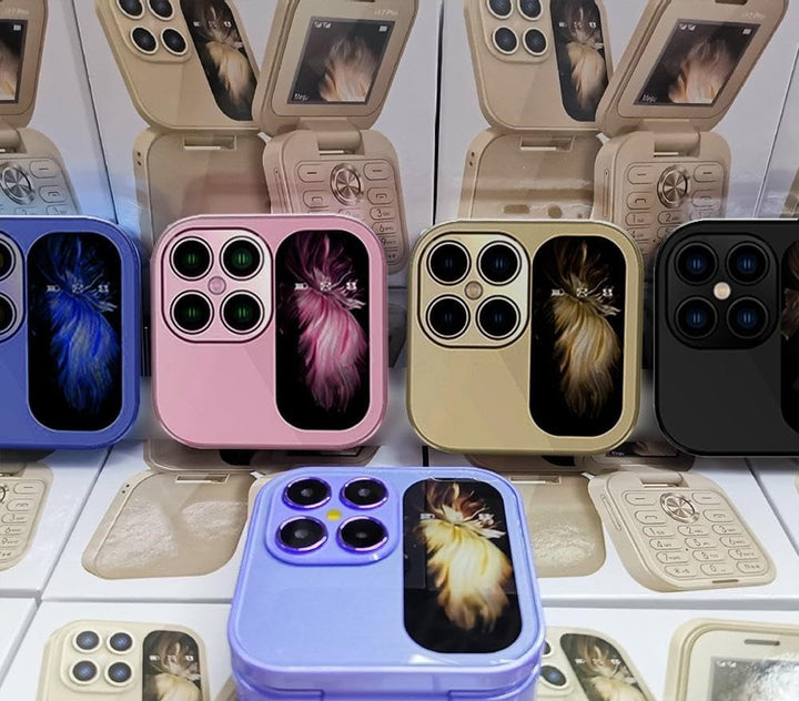 Gele FlipLite mini telefoon, ultracompact en lichtgewicht, perfecte reis- of noodtelefoon.