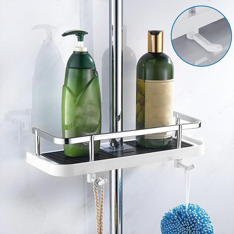 Detail van roestvrije, boorvrije douche organizer rek, perfect voor badkameraccessoires opslag.