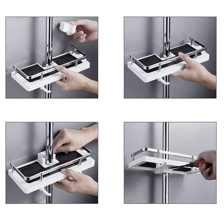 Afbeelding van een badkamer met de roestvrije douche organizer geïnstalleerd, netjes en ruimtebesparend.