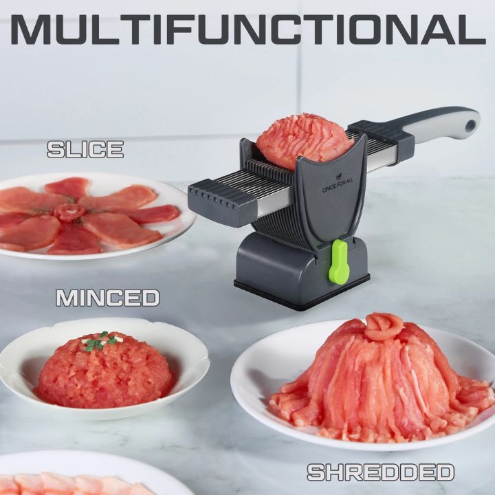 Roestvrijstalen 17-in-1 vleesmolen met instelbare dikte, ergonomisch handvat en multifunctionele messen voor vlees en groenten