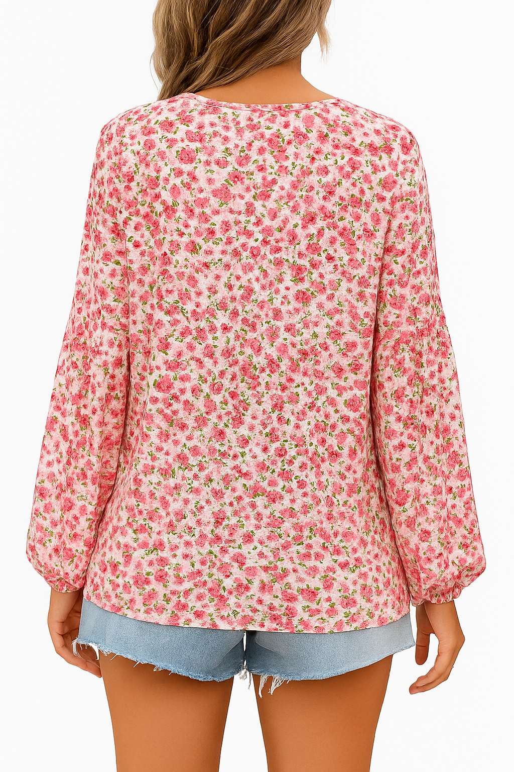 "Roze bloemenblouse met V-hals en lange mouwen, vrouwelijke look voor lente- en zomerdagen."