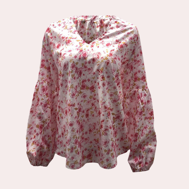 "Roze bloemenblouse met V-hals en lange mouwen, vrouwelijke look voor lente- en zomerdagen."