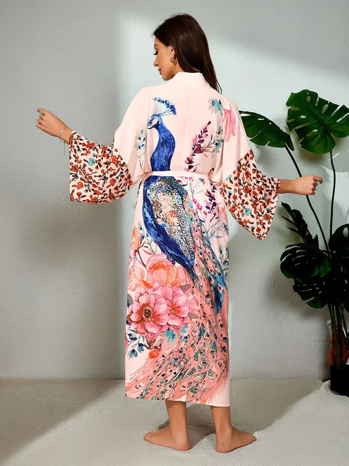 Trendy dames bohemian cover-up, roze, lange mouwen, bloemenprint, ideaal voor strand & vakantie.