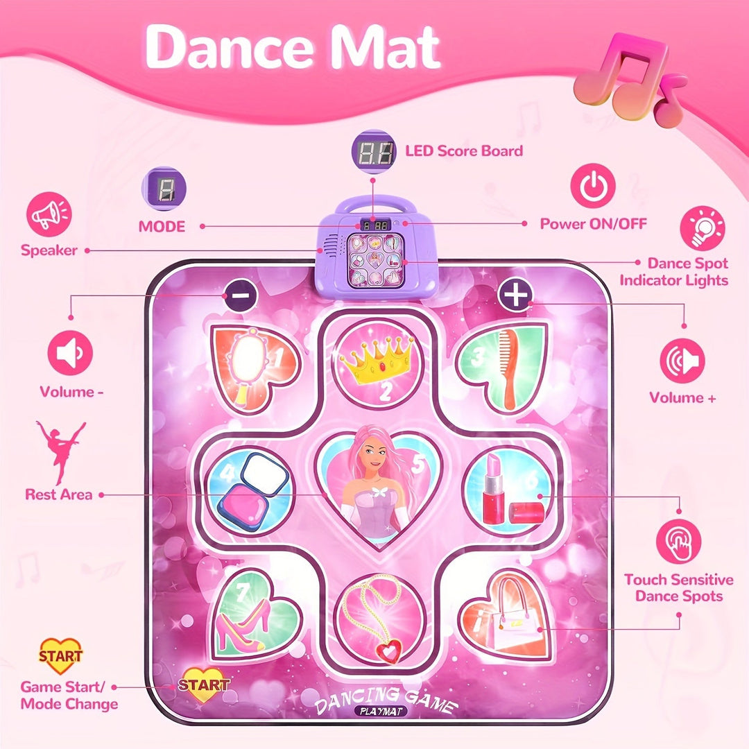 Interactieve roze dansmat voor meisjes, stimuleert ritmisch actief spelen zonder scherm. Ideaal kinderspeelgoed.