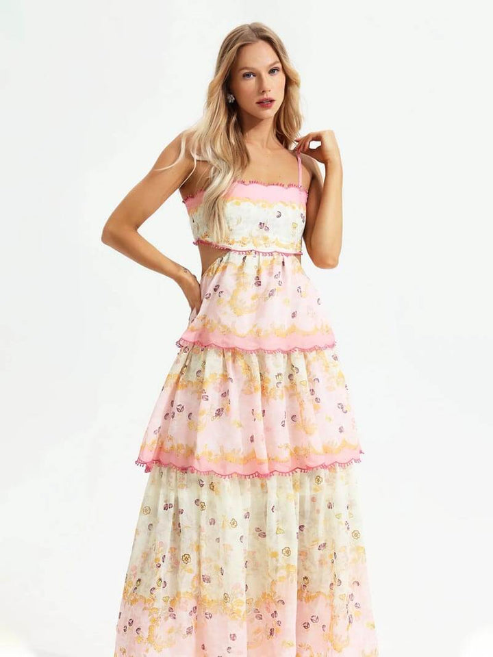 Roze elegante dames maxi-jurk met ruches en borduursel, perfect voor zomerfeesten en ceremonies.