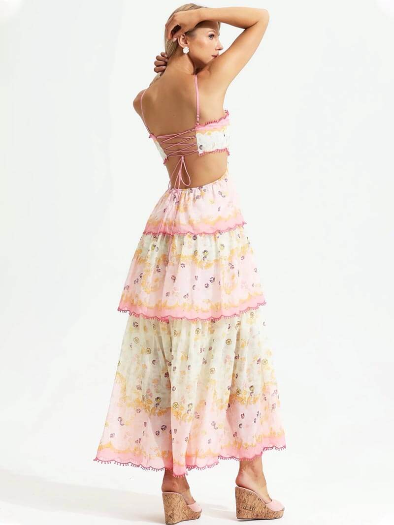 Zomerse roze dames maxi-jurk met ruches en borduurwerk, comfortabel en elegant voor elke dag.
