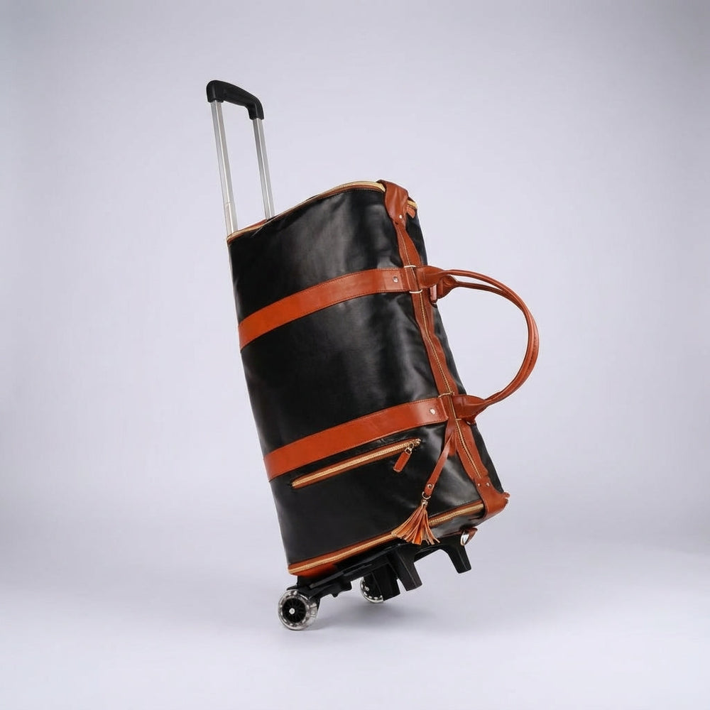 Zwarte opvouwbare reistas met soepele wielen. Ideaal voor weekendtrips en als handbagage.