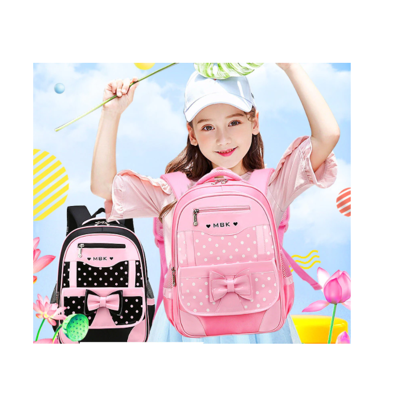 Roze Shelly meiden schooltas met zwarte stippen. Comfortabele, waterdichte rugzak voor schoolkinderen.