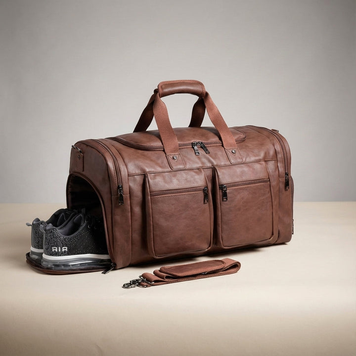 Stijlvolle leren duffelbag van Voyagely, de ideale reistas en draagtas voor weekendtrips.