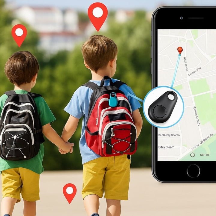Kindertracker: SafeTrack Mini GPS aan rugzak bevestigd voor ouders' gemoedsrust.