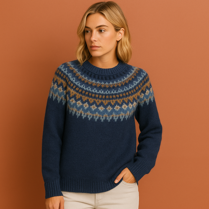 Elegante gebreide damestrui met Scandinavisch patroon, warm en comfortabel voor herfst/wintermode.