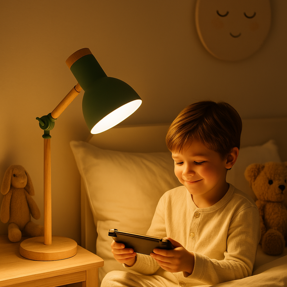 Scandinavische houten tafellamp met minimalistisch design, kleurrijke metalen kap, verstelbaar voor optimale verlichting.