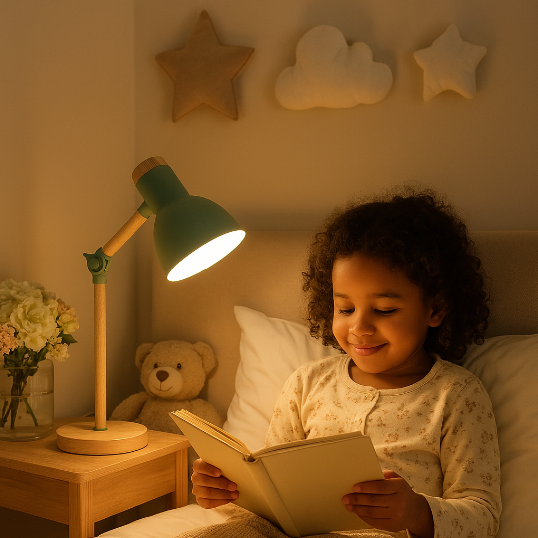 Scandinavische houten tafellamp met minimalistisch design, kleurrijke metalen kap, verstelbaar voor optimale verlichting.