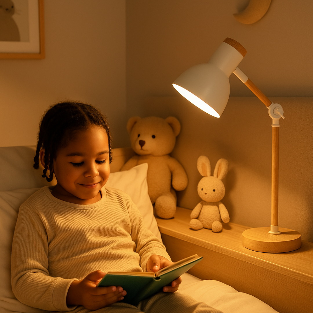 Scandinavische houten tafellamp met minimalistisch design, kleurrijke metalen kap, verstelbaar voor optimale verlichting.