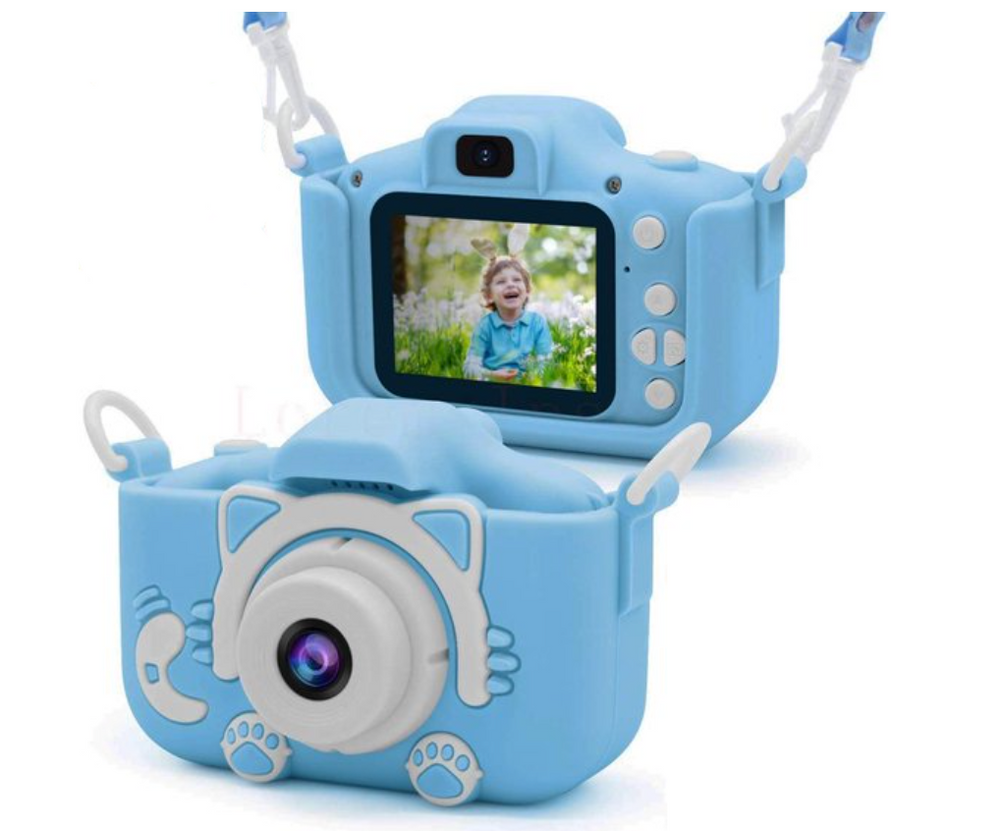 "Schattige blauwe HD mini camera voor kinderen, schokbestendig, 20 MP, en 1080p video-opname, met stevig ontwerp."