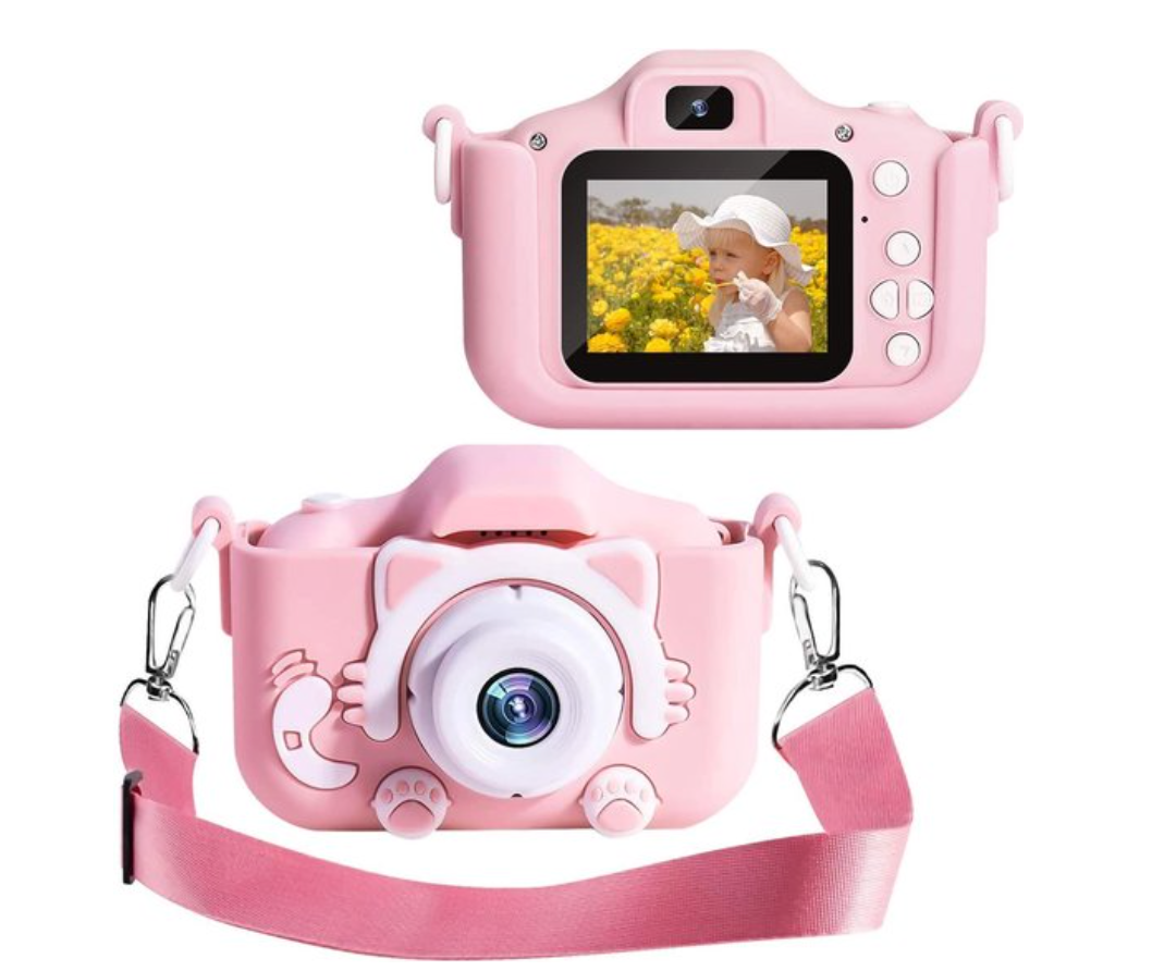 "Schattige blauwe HD mini camera voor kinderen, schokbestendig, 20 MP, en 1080p video-opname, met stevig ontwerp."