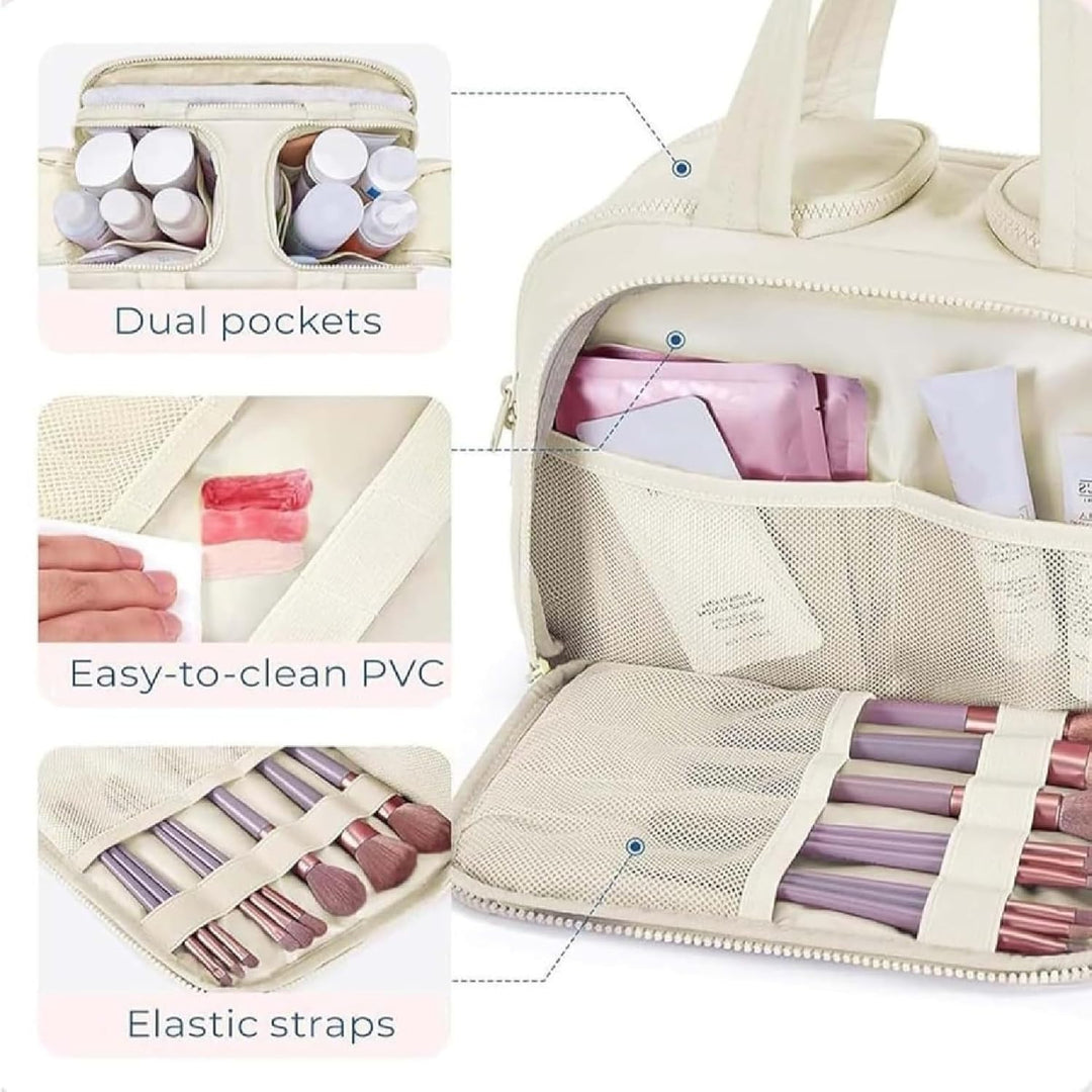 Volledig gevulde waterdichte Selvane reis make-up tas, 4-in-1 toilettas voor dames cosmetica en accessoires onderweg.