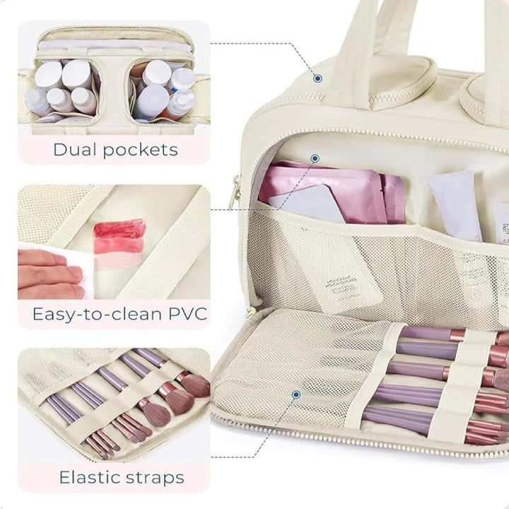 Volledig gevulde waterdichte Selvane reis make-up tas, 4-in-1 toilettas voor dames cosmetica en accessoires onderweg.