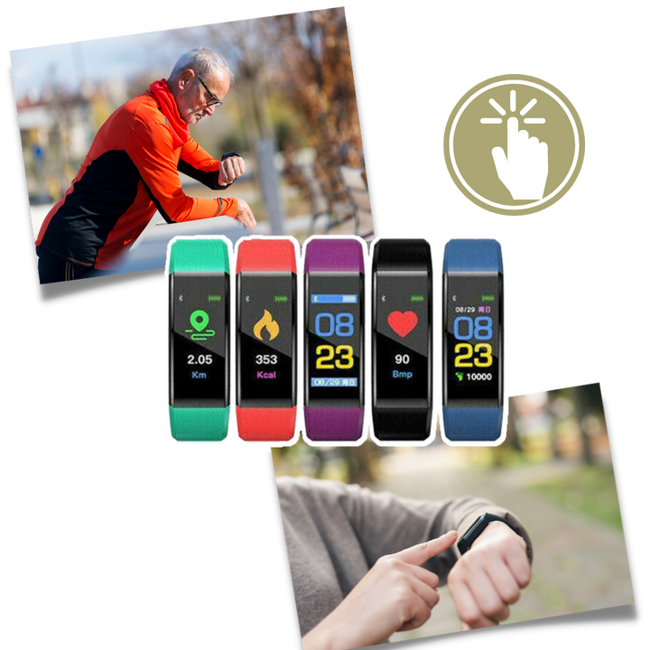 Digitale senioren smartwatch met groot, helder display, eenvoudige bediening en uitgebreide gezondheidsfuncties.