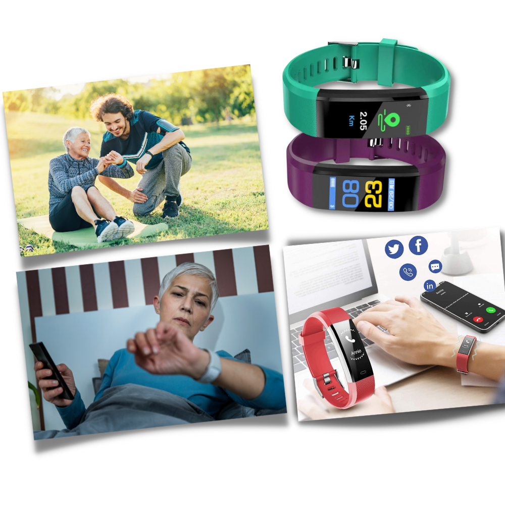 Groot display senioren smartwatch met instelbare wijzerplaten, inclusief gezondheidsmonitor en activiteitstracker.