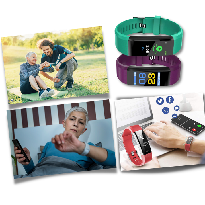 Groot display senioren smartwatch met instelbare wijzerplaten, inclusief gezondheidsmonitor en activiteitstracker.