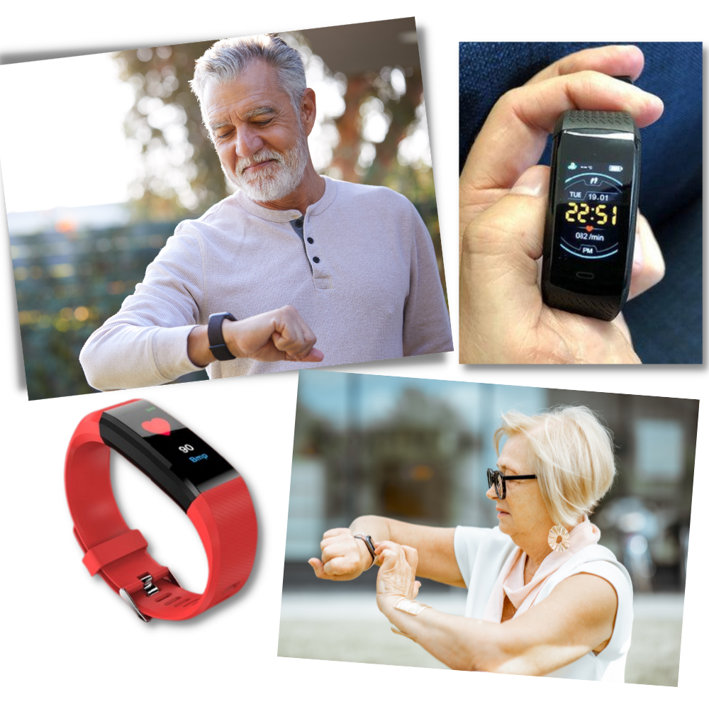 Detail van senioren smartwatch display met realtime hartslagmeting, bloeddruk en stappenteller.