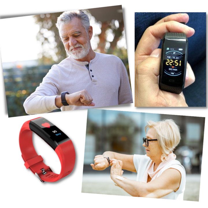 Detail van senioren smartwatch display met realtime hartslagmeting, bloeddruk en stappenteller.