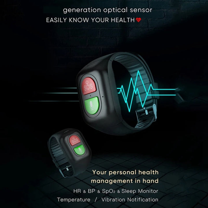 Detail van noodknop op senioren smartwatch met 4G. Essentieel veiligheidshorloge voor ouderen, inclusief GPS.