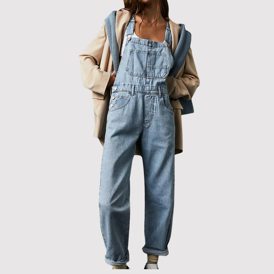 Stijlvolle dames denim tuinbroek, ideaal voor een comfortabele casual lente- of zomerlook.