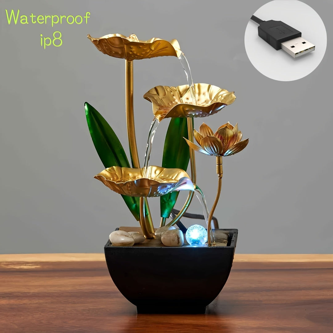 Sfeervolle lotus waterfontein met warme LED verlichting, ideaal voor rustgevende huisdecoratie.