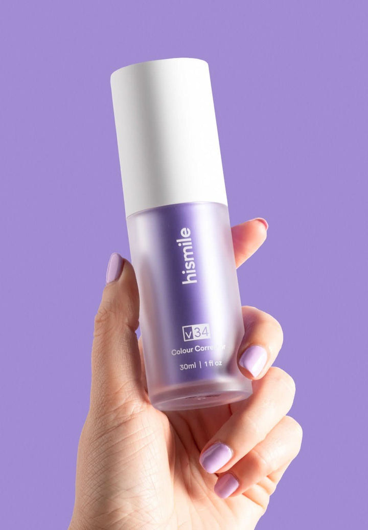 "Serumflacon Hismile V34 Kleur-Corrector voor stralend witte tanden, neutraliseert gele tinten en verheldert glimlach."
