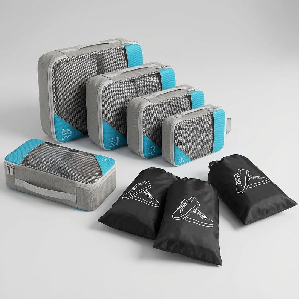 Reis organizer set met meerdere maten compressiezakken voor nette koffer en stressvrij reizen.