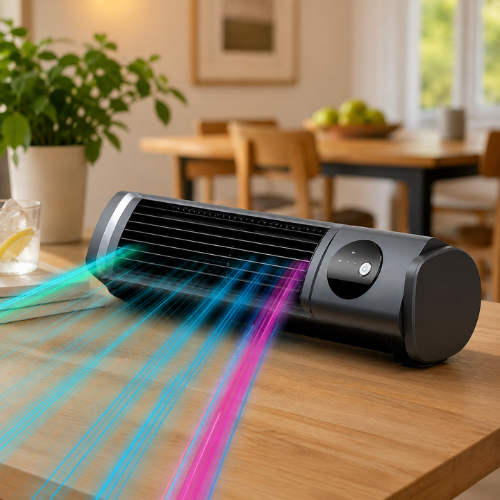Slanke koelende torenventilator met oscillatie en timer voor efficiënte luchtcirculatie in huis of kantoor.