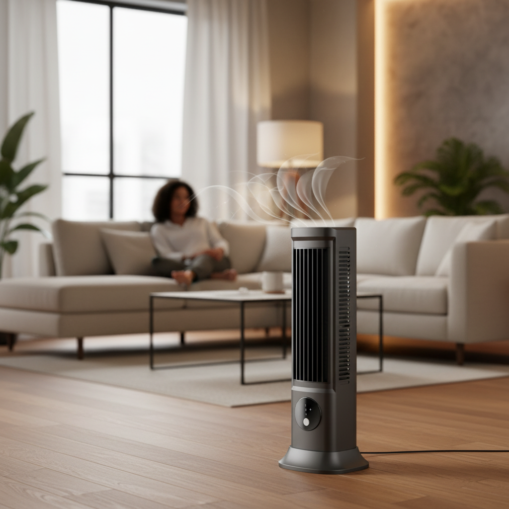 Slanke torenventilator met afstandsbediening, ideaal voor stille koeling in huis of kantoor. Energiezuinig.