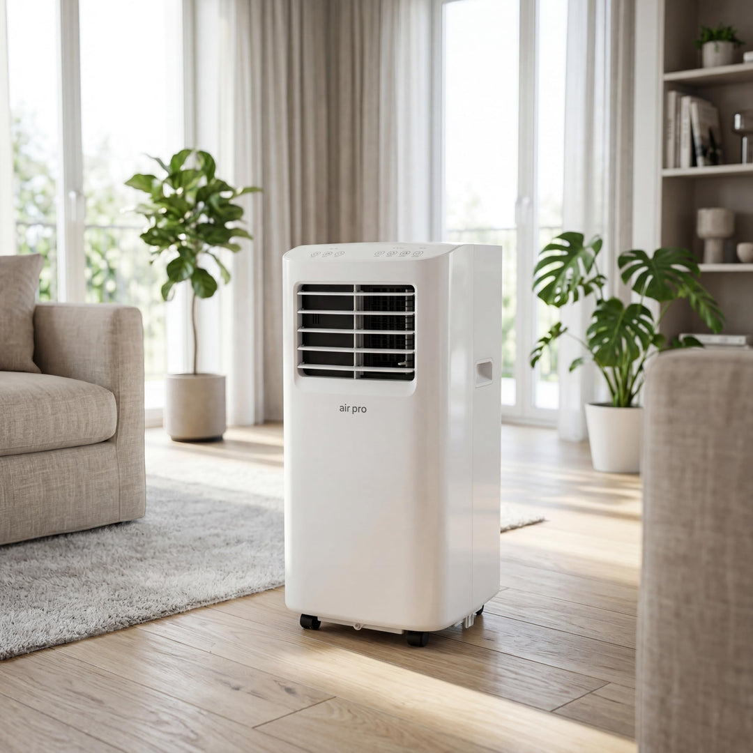 Slanke, witte draagbare 4-in-1 airconditioner met wifi, ideaal voor koeling, ventilator, ontvochtiger.